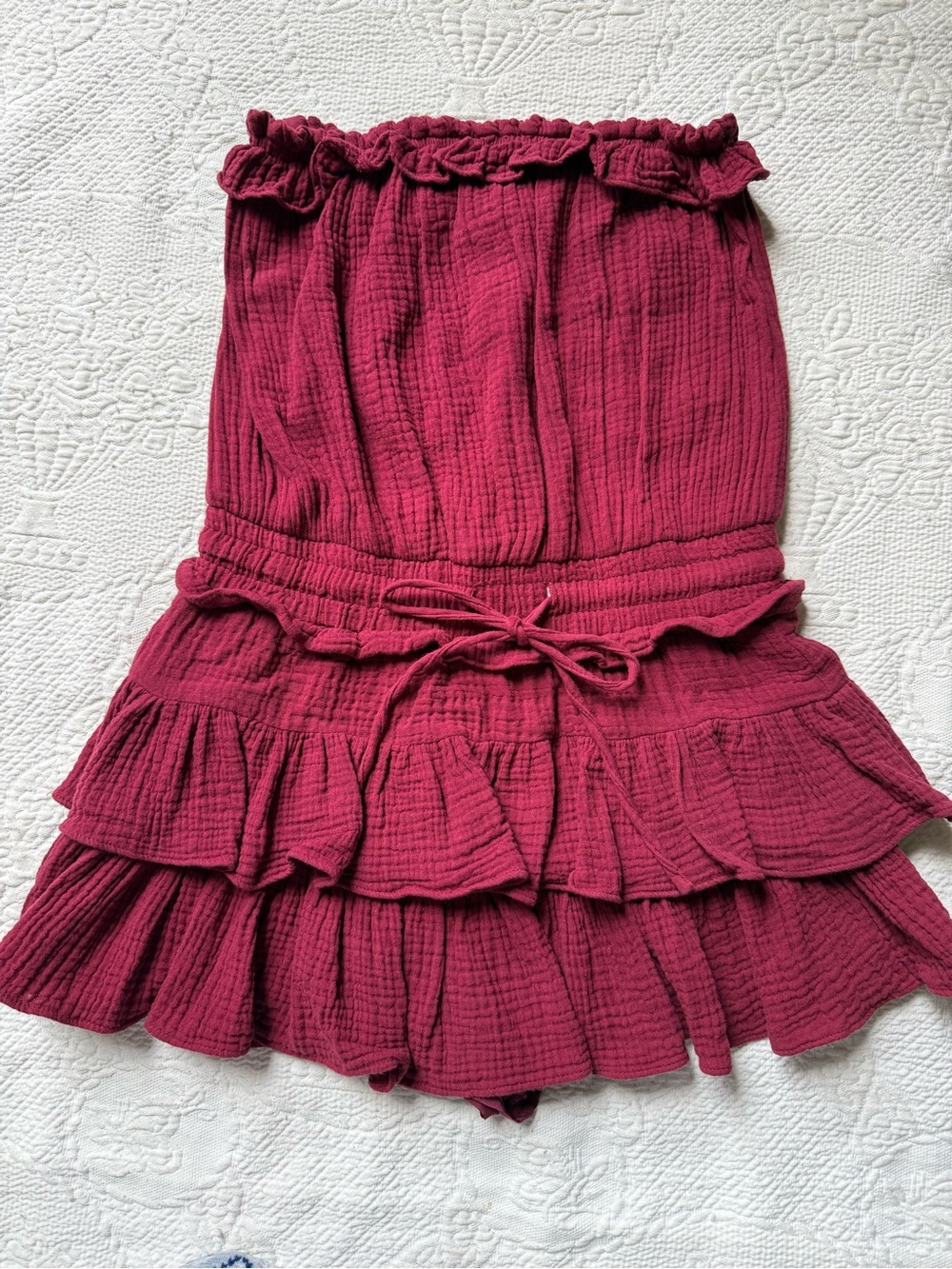 Strapless Ruffled Tiered Mini Dress in Deep Wine/Burgundy
